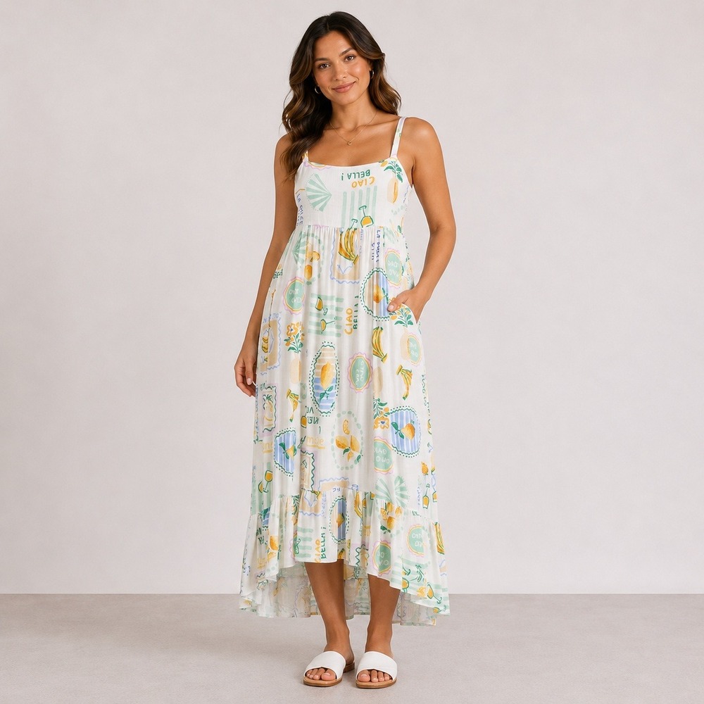 Paper Heart Womens Ciao Bella Lemon Print Linen Blend Maxi Dress Cream Small